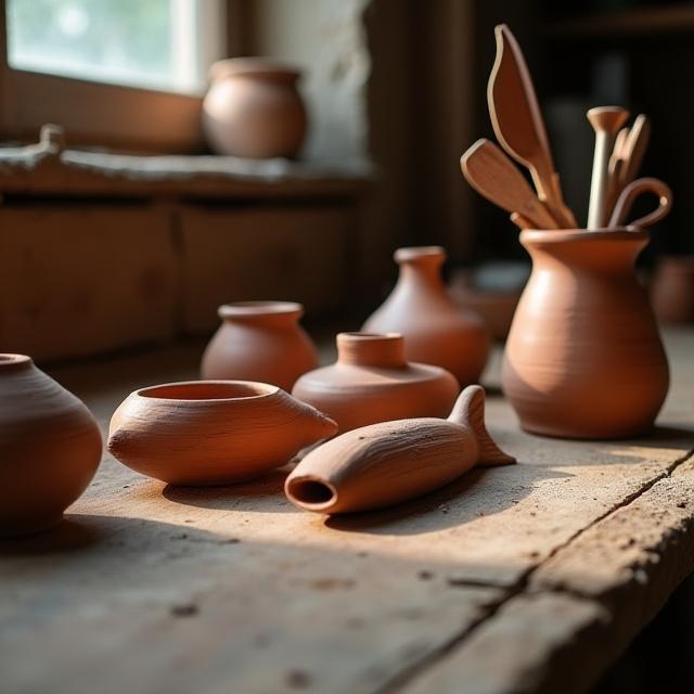 Keramisk værksted med færdige værker