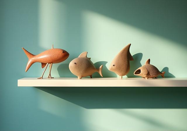 Keramiske figurer af fisk og sødyr