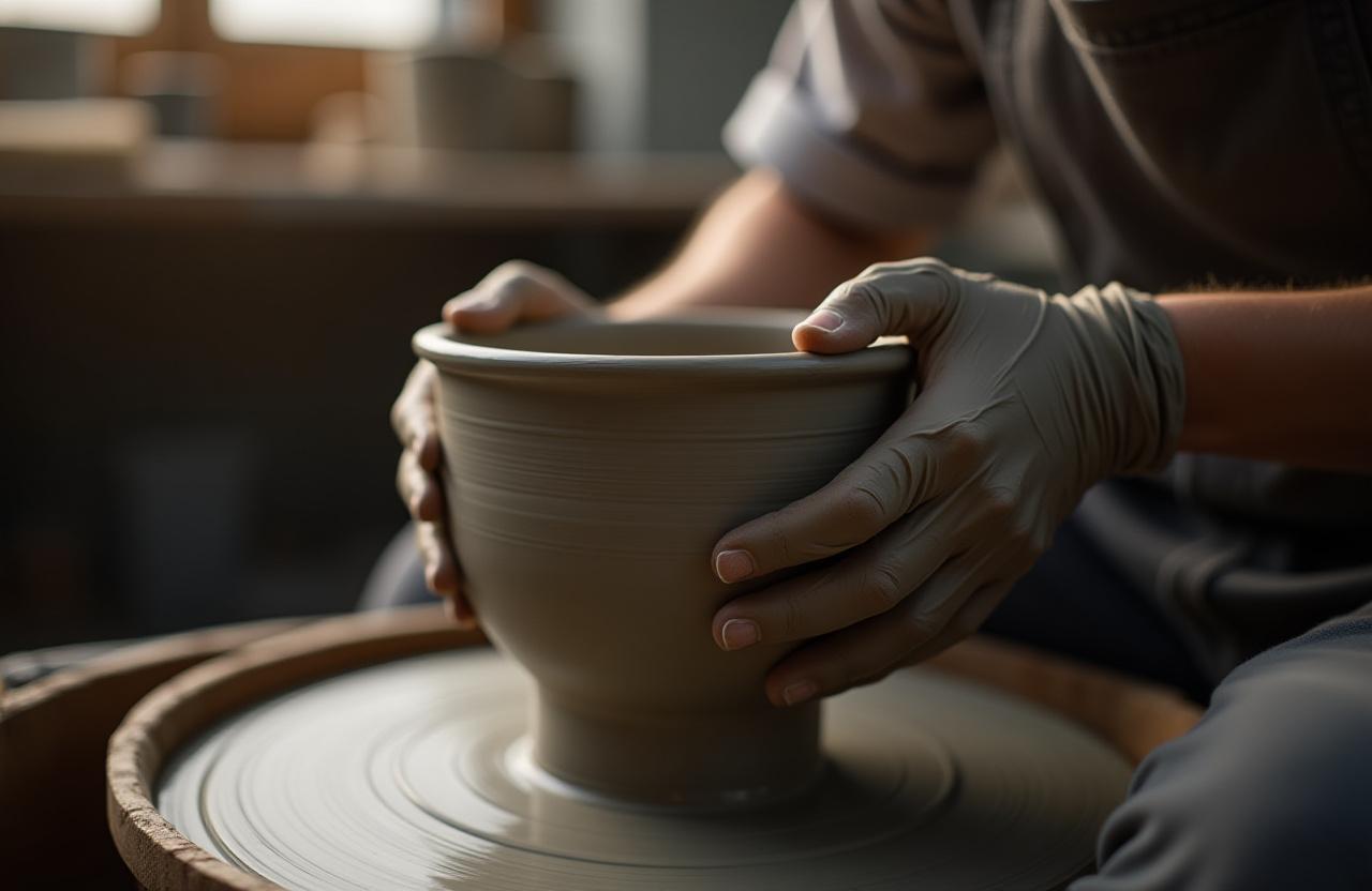 Keramiker der arbejder med ler i et lyst værksted