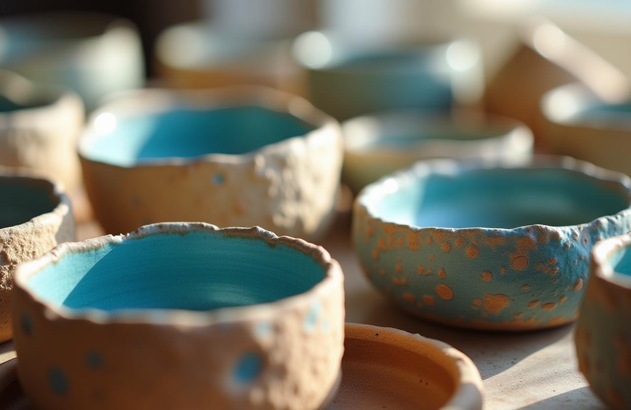 Nærbillede af tekstureret keramik med kyst-tema